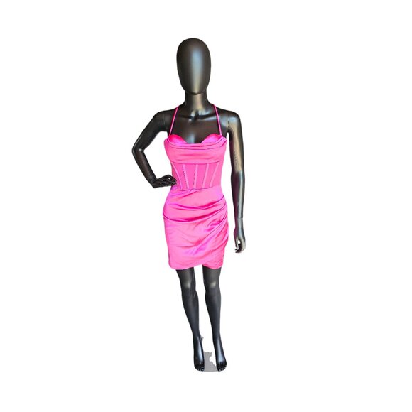 Hot Pink Satin Illusion Panel Bodycon Mini Dress - Lovesome - Picture 2 of 6